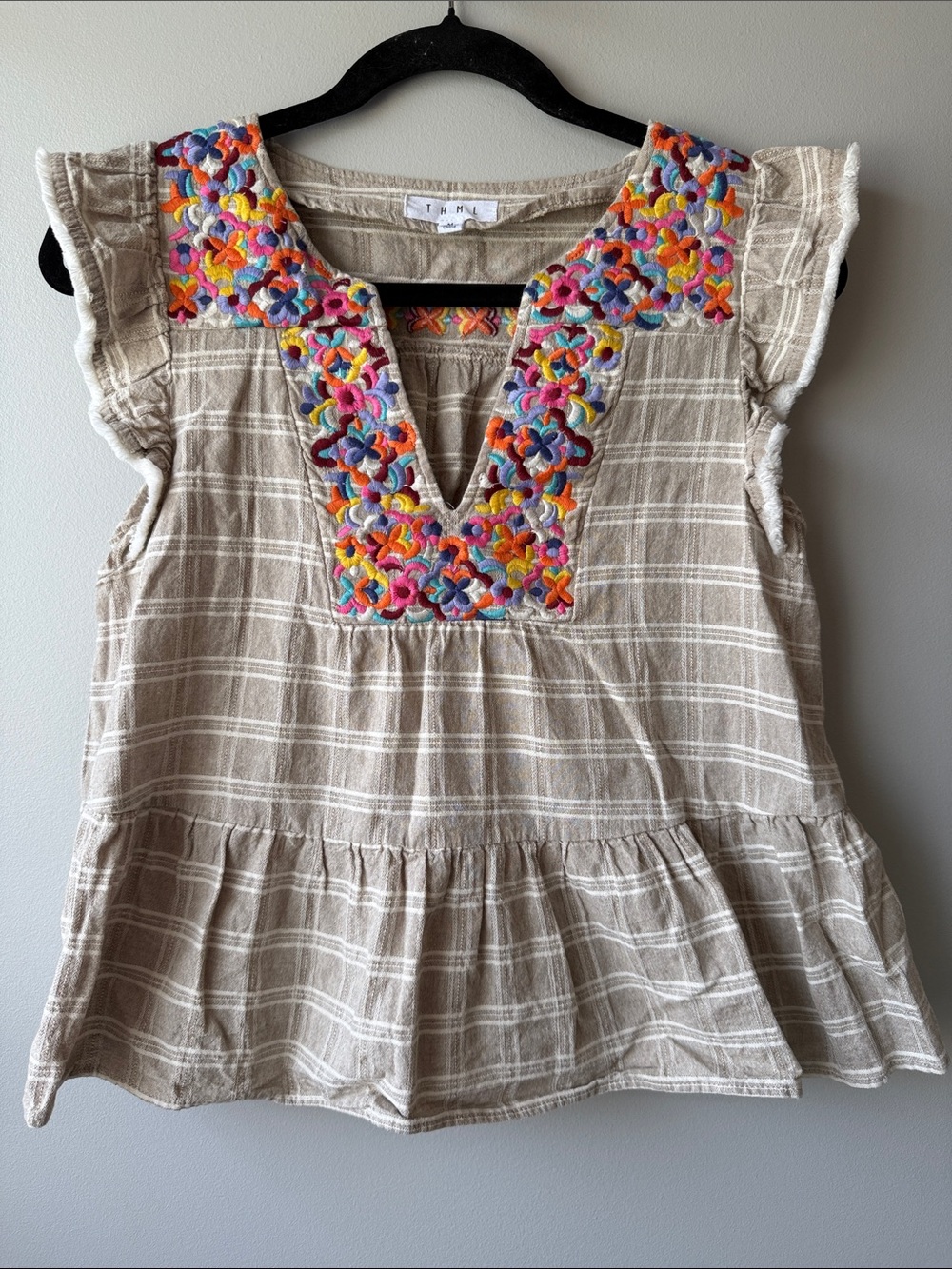 THML Beige Striped Peplum Top with Multicolor Floral Embroidery cotton